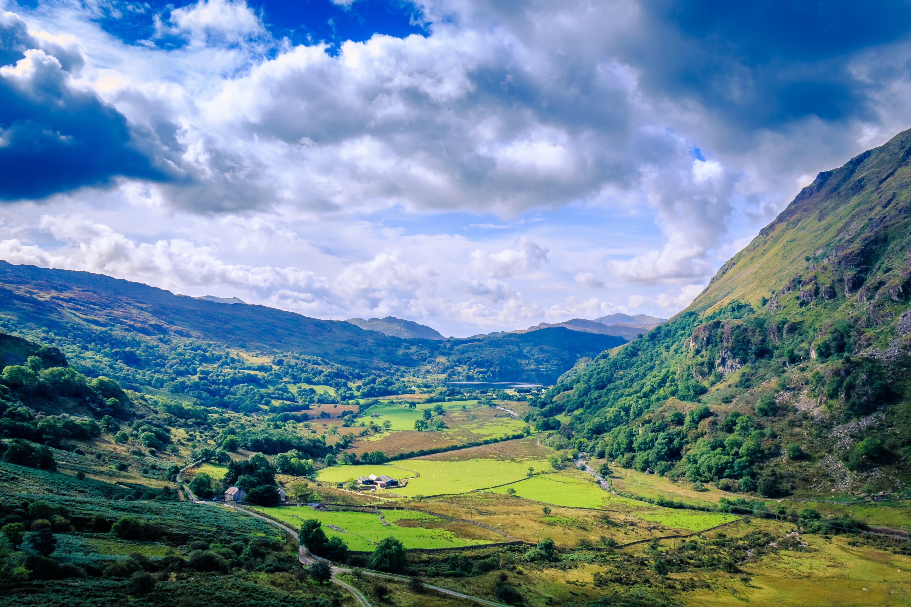 Rolling green valley, North Wales countryside.